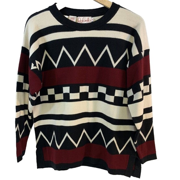 Rafaella Petites Size PM  Sweater Geometric Ski Cabin Merino Wool Blend Knit VTG - Picture 1 of 12